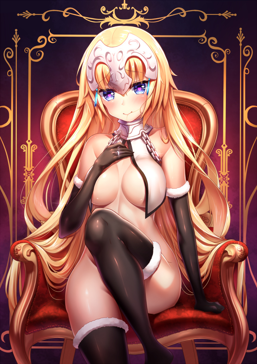 1girl bangs bare_shoulders black_gloves black_legwear blonde_hair blue_eyes blush breasts chains chair closed_mouth collarbone commentary_request elbow_gloves eyebrows_visible_through_hair fate/grand_order fate_(series) frame fur-trimmed_gloves fur-trimmed_legwear fur_trim glint gloves hair_between_eyes hair_in_mouth halter_top halterneck hand_on_own_chest hand_up headpiece heart heart-shaped_pupils highres jewelry knee_up large_breasts long_hair looking_at_viewer on_chair pupupu_(1053378452) purple_background ring ruler_(fate/apocrypha) shiny shiny_clothes shiny_hair shiny_skin sitting smile solo sparkle symbol-shaped_pupils thigh-highs very_long_hair wedding_band
