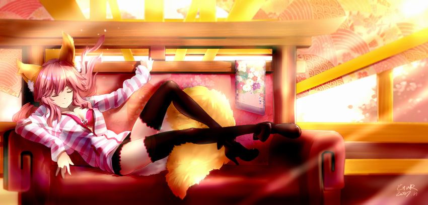 1girl absurdres animal_ears black_legwear bra breasts casual cleavage closed_eyes closed_mouth collarbone fate/extella fate/extra fate/extra_ccc fate/grand_order fate_(series) fox_ears fox_tail highres large_breasts lying mochigome_(fatelly) on_side open_clothes open_shirt pink_bra pink_hair shirt solo sunlight tail tamamo_(fate)_(all) tamamo_no_mae_(fate) thigh-highs underwear