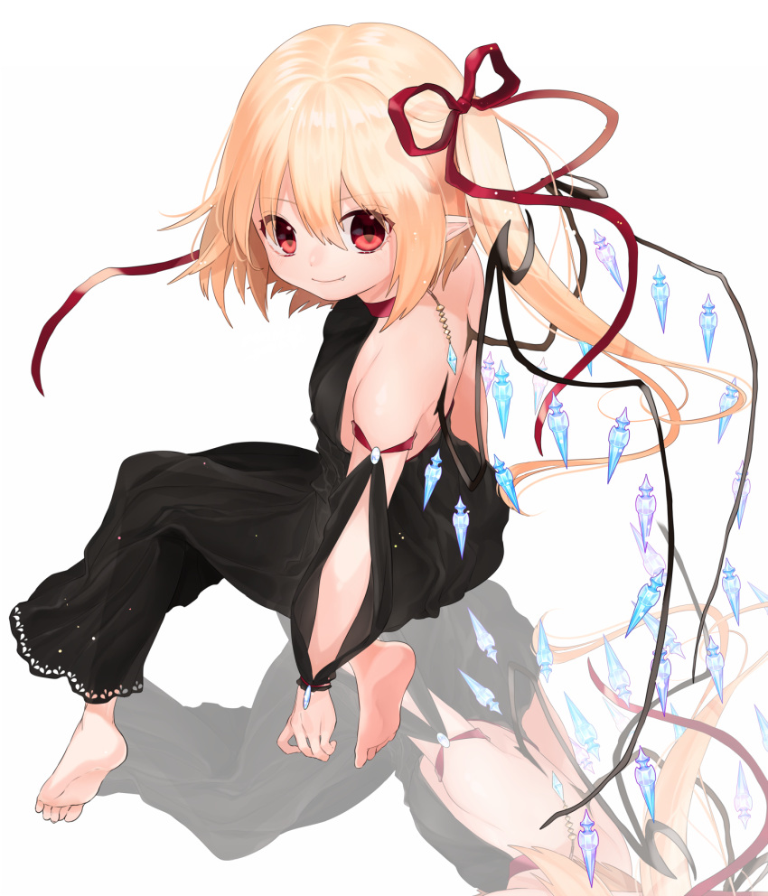 1girl alternate_costume bangs bare_shoulders barefoot black_dress blonde_hair choker closed_mouth dress fang_out feet flandre_scarlet full_body gotoh510 hair_between_eyes hair_ribbon highres long_hair looking_at_viewer one_side_up open-back_dress pointy_ears red_eyes red_ribbon reflection ribbon smile soles solo toes touhou wings