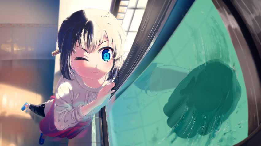 1girl bangs black_hair blue_eyes blush cardigan closed_mouth concentrating day foreshortening highres indoors long_sleeves looking_at_viewer mianbaoshi_mengxiang no_socks one_eye_closed original pants perspective short_hair slippers solo standing sunlight towel washing window