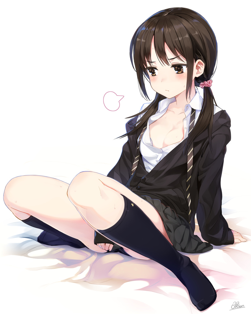1girl =3 amagai_tarou arm_at_side arm_support artist_name bangs bed_sheet between_legs black_panties black_skirt blush breasts brown_eyes brown_hair brown_neckwear buttons cardigan cleavage closed_mouth clothes_tug collarbone dress_shirt embarrassed eyebrows_visible_through_hair fingernails full_body hair_ornament hair_over_shoulder hair_scrunchie hand_between_legs highres kneehighs knees_up long_fingernails long_sleeves looking_to_the_side low_twintails medium_breasts miniskirt navy_blue_legwear no_bra on_bed open_clothes open_shirt original panties pantyshot pantyshot_(sitting) partially_unbuttoned pleated_skirt school_uniform scrunchie shirt sidelocks sigh signature sitting sitting_on_bed skirt sleeves_past_wrists small_breasts solo spread_legs striped_neckwear sweat sweatdrop sweater sweater_tug twintails unbuttoned unbuttoned_shirt underwear white_background white_shirt