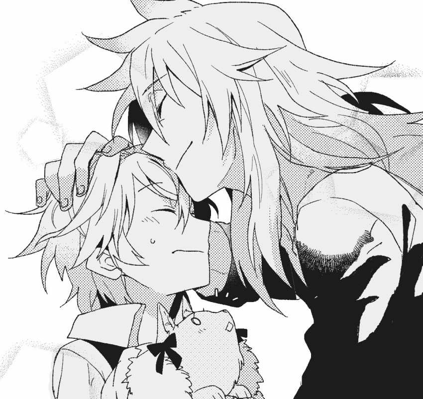 2boys animal bangs black_ribbon closed_eyes commentary eyebrows_visible_through_hair fate/apocrypha fate/grand_order fate_(series) from_side fur_trim hair_ribbon hand_on_another's_head holding holding_animal long_hair male_focus monochrome multiple_boys ribbon saber_of_black shirt short_hair sieg_(fate/apocrypha) simple_background sweat takasaki_(rock_rock) yaoi