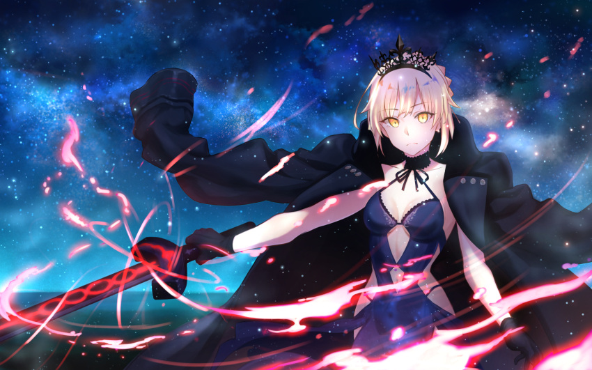 1girl artoria_pendragon_(swimsuit_rider_alter)_(fate) black_gloves black_hairband blonde_hair blue_dress breasts choker cleavage collarbone dark_excalibur diadem dress eyebrows_visible_through_hair fate/grand_order fate_(series) gloves hairband highres holding holding_sword holding_weapon looking_at_viewer medium_breasts navel_cutout night outdoors outstretched_arm renzu_(lens_02) short_hair sidelocks sky sleeveless sleeveless_dress solo standing star_(sky) starry_sky sword weapon yellow_eyes