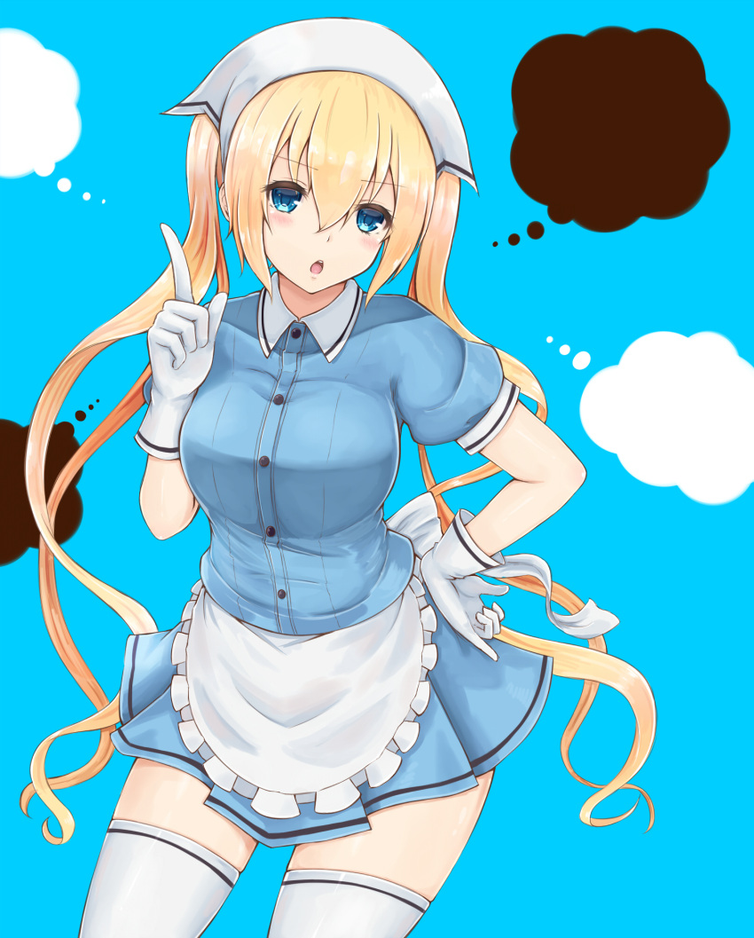 1girl apron blend_s blonde_hair blue_background blue_eyes blue_shirt blue_skirt blush breasts collared_shirt cowboy_shot employee_uniform eyebrows_visible_through_hair frilled_apron frills gloves hair_between_eyes hand_on_hip head_scarf highres hinata_kaho index_finger_raised large_breasts looking_at_viewer open_mouth pinky_out pleated_skirt puffy_short_sleeves puffy_sleeves shirt short_sleeves skirt solo temari_rin thigh-highs thought_bubble twintails uniform waist_apron waitress white_apron white_gloves white_legwear wing_collar