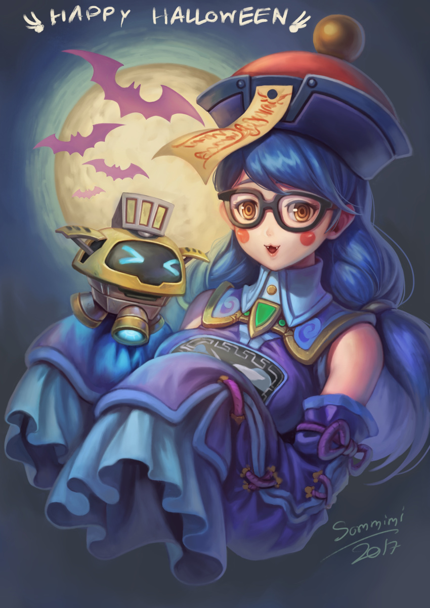 &gt;_&lt; 1girl absurdres alternate_costume alternate_hair_length alternate_hairstyle black-framed_eyewear blue_hair blush_stickers chinese_clothes commentary detached_sleeves drone fangs full_moon glasses happy_halloween hat highres jiangshi jiangshi_mei long_hair low_twintails mei_(overwatch) moon ofuda outstretched_arms overwatch sleeves_past_wrists snowball_(overwatch) solo sommimi twintails yellow_eyes zombie_pose