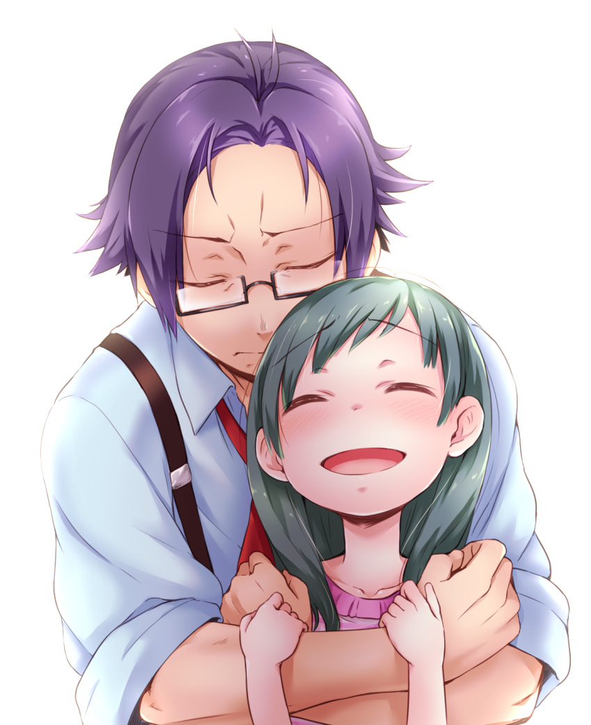 1boy 1girl :d antenna_hair arm_grab black-framed_eyewear blue_shirt blush closed_eyes closed_mouth collarbone collared_shirt commentary_request esoragoto facing_viewer glasses green_hair highres hug hug_from_behind long_hair minobiyo muscle necktie open_mouth pink_shirt purple_hair red_neckwear shirt simple_background sleeves_rolled_up smile striped striped_shirt suspenders under-rim_eyewear white_background