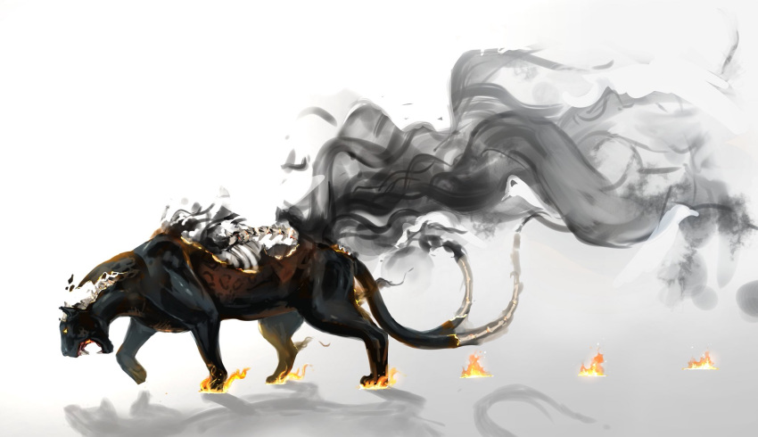 burning fangs fire footprints from_side highres kamemaru no_humans open_mouth panther shadow skeleton smoke solo spine walking white_background