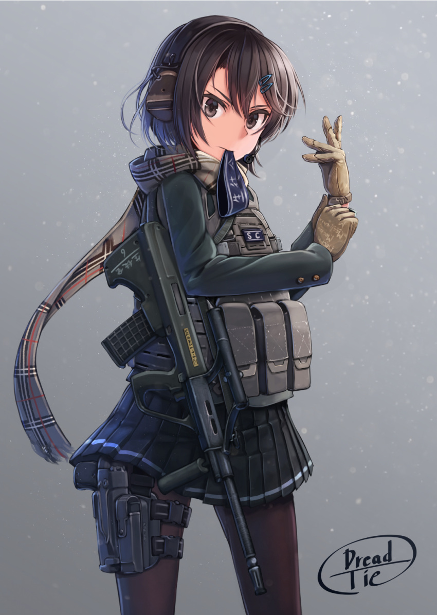1girl assault_rifle black_eyes black_hair black_legwear dreadtie gloves grey_background hair_ornament hairclip headset highres holster looking_at_viewer mouth_hold original pantyhose pleated_skirt scarf short_hair signature skirt snowing solo thigh_holster