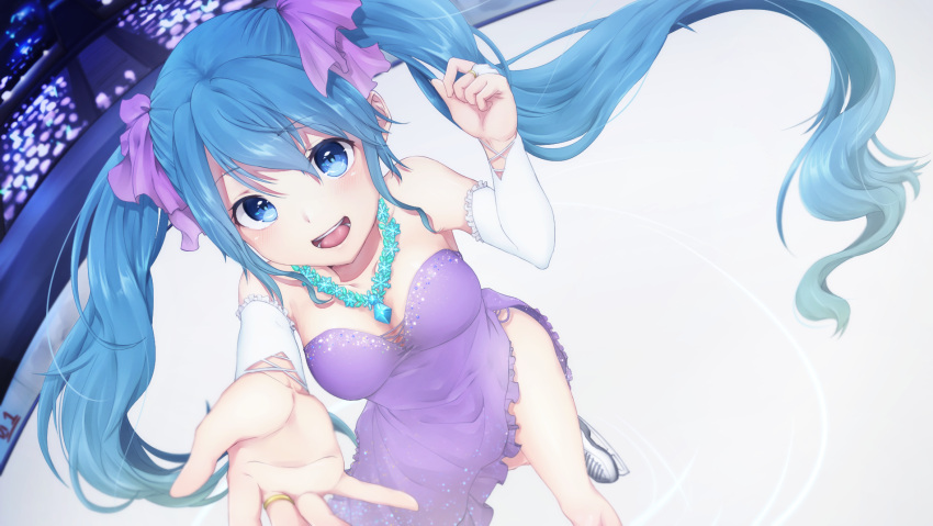 1girl blue_eyes dress eyebrows_visible_through_hair floating_hair green_hair hatsune_miku highres ice_skates ice_skating jewelry long_hair looking_at_viewer necklace open_mouth outstretched_arm purple_dress skates skating solo very_long_hair vocaloid