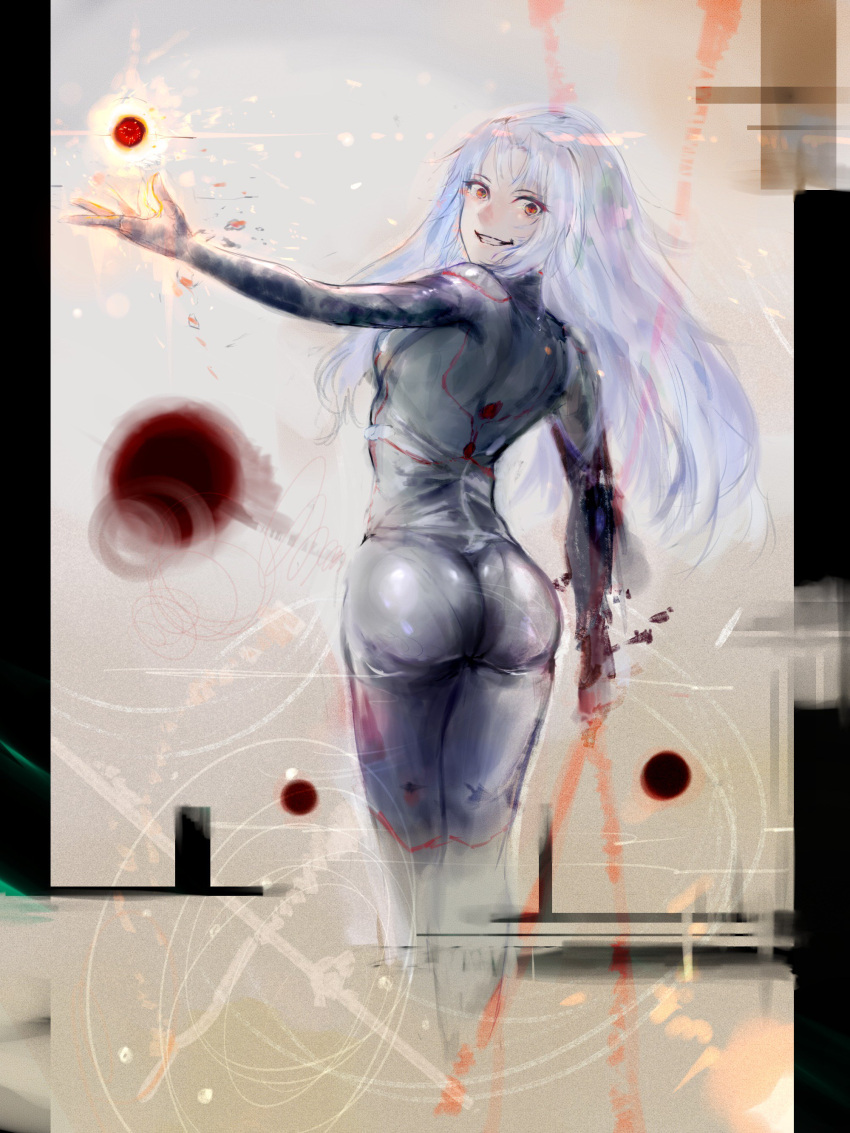 100_percent_orange_juice 1girl abstract_background absurdres ass black_bodysuit blue_hair bodysuit energy_ball evil_grin evil_smile grin highres long_hair looking_at_viewer mugo_(mugokii) multicolored multicolored_eyes skin_tight smile solo star_breaker suguri tagme