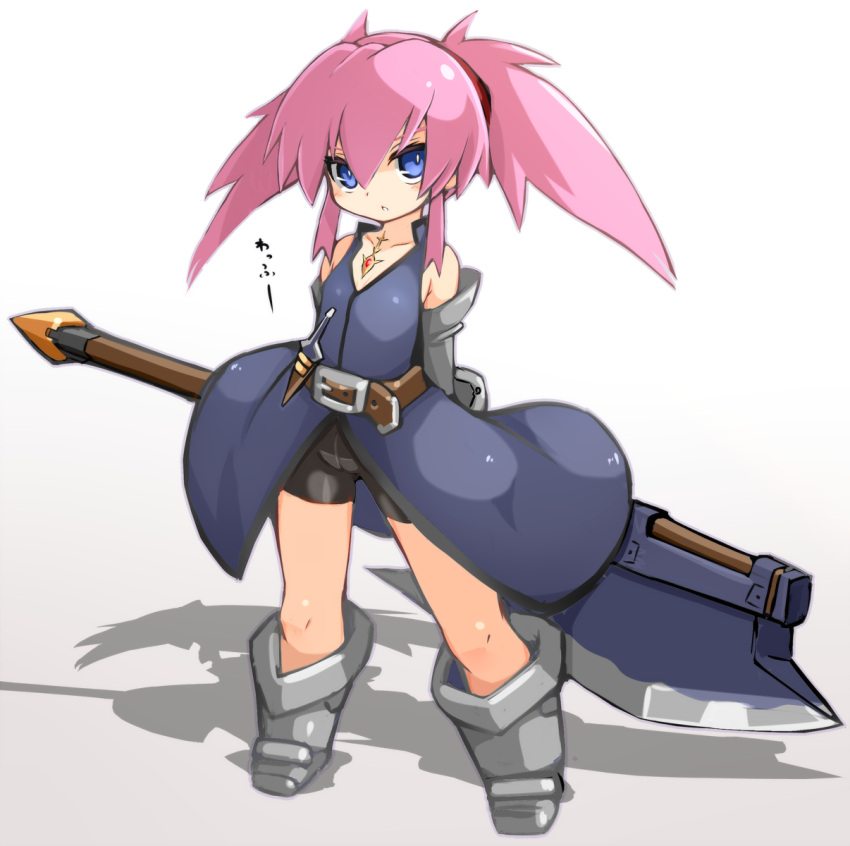 1girl axe belt black_shorts blue_coat blue_eyes boots elbow_gloves full_body gloves grey_footwear grey_gloves highres holding_axe karukan_(monjya) knee_boots long_hair looking_at_viewer pink_hair presea_combatir shadow shorts sidelocks simple_background solo standing tales_of_(series) tales_of_symphonia twintails white_background