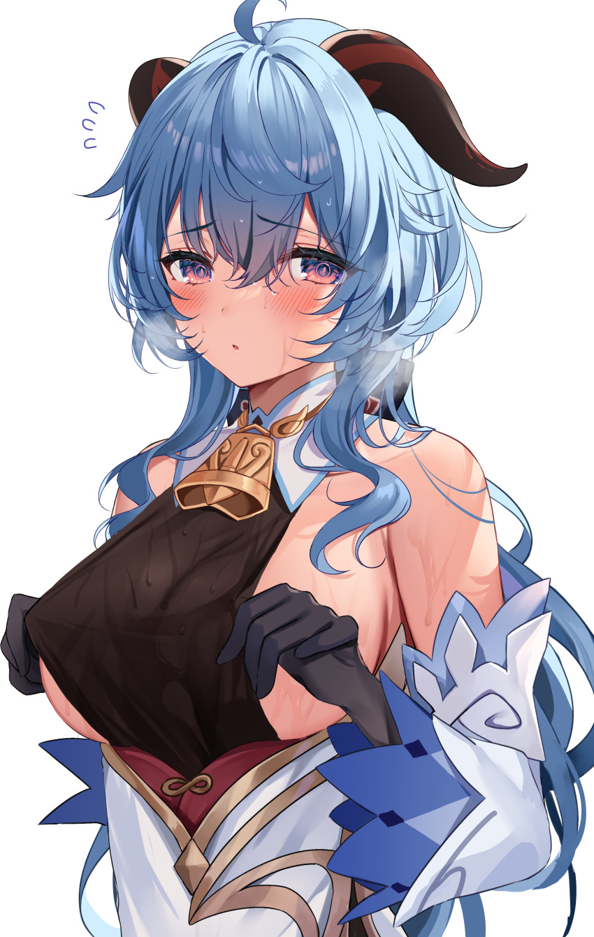1girl absurdres bangs bare_shoulders bell black_gloves blue_hair blush breasts chinese_clothes clothes_pull cowbell detached_sleeves eyebrows_visible_through_hair ganyu_(genshin_impact) genshin_impact gloves goat_horns gold_trim hair_between_eyes highres hizuki_higure horns large_breasts long_hair looking_at_viewer neck_bell parted_lips raised_eyebrows shirt_pull sideboob solo spoken_sweatdrop sweatdrop upper_body very_long_hair violet_eyes wet wet_hair