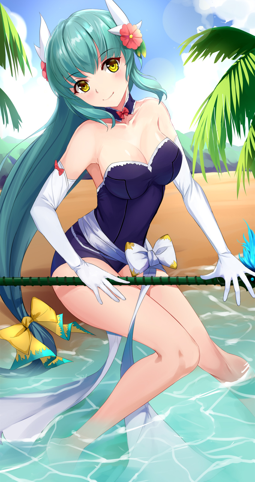 1girl absurdres aqua_hair beach blush breasts cleavage elbow_gloves fate/grand_order fate_(series) flower gloves hair_flower hair_ornament head_tilt highres horns kiyohime_(fate/grand_order) kiyohime_(swimsuit_lancer)_(fate) kyoukai33 long_hair low-tied_long_hair medium_breasts ocean one-piece_swimsuit palm_tree partially_submerged polearm smile solo strapless strapless_swimsuit swimsuit tree weapon white_gloves yellow_eyes