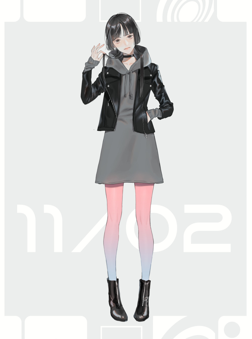 1girl bob_cut dress highres hood jacket leather leather_jacket original short_hair vient