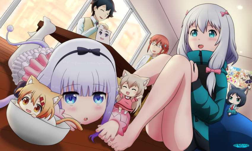 1boy 6+girls :3 :d ^_^ ^o^ animal_ears aqua_eyes ark_ford ass barefoot black_hair blue_eyes brown_hair cat_ears cat_tail character_request closed_eyes copyright_request crossover dragon_tail eromanga_sensei feet highres holding in_bowl in_container izumi_masamune izumi_sagiri jacket kanna_kamui kobayashi-san_chi_no_maidragon kobayashi_(maidragon) kono_subarashii_sekai_ni_shukufuku_wo! long_hair lying maa_(nyanko_days) minigirl movie_poster multiple_crossover multiple_girls necktie nyanko_days on_stomach open_mouth orange_eyes paper ponytail poster_(object) rou_(nyanko_days) school_uniform shii_(nyanko_days) short_hair silver_hair sitting slit_pupils smile suspenders sweatdrop table tablet_pc tail to_aru_kagaku_no_railgun vest wooden_floor