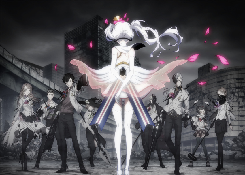 4girls 5boys androgynous arms_behind_back asymmetrical_gloves belt black_gloves black_hair black_hat black_legwear black_pants black_shirt black_skirt brown_eyes brown_hair brown_shirt caligula_(game) chains clouds cloudy_sky collarbone dress dress_shirt dual_wielding elbow_gloves firing_at_viewer floating_hair flower gloves grey_hairband grey_jacket grey_pants grey_skirt gun hair_between_eyes hat hat_flower hibiki_kensuke high_heels highres holding holding_gun holding_sword holding_weapon jacket kagura_suzuna kashiwaba_kotono long_hair mask minesawa_izuru miniskirt morita_naruko multiple_boys multiple_girls official_art outdoors pants pantyhose petals pleated_skirt polearm protagonist_(caligula) purple_flower ruins satake_shogo shinohara_mifue shirt short_dress short_hair silver_hair skirt sky sleeveless sleeveless_dress spear sunglasses sword thigh-highs tomoe_kotarou_(caligula) twintails uniform very_short_hair weapon white_dress white_flower white_gloves white_legwear white_shirt witch_hat