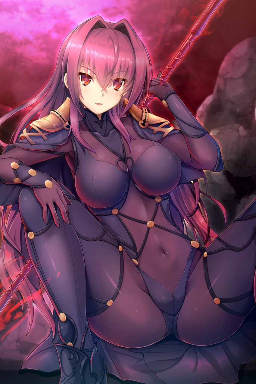 1girl ankle_boots arm_up armor bangs bodysuit boots breasts cape commentary_request covered_collarbone covered_navel eyebrows_visible_through_hair fate/grand_order fate_(series) fingernails gae_bolg glowing glowing_weapon hair_between_eyes hair_intakes hand_on_own_knee highres holding holding_spear holding_weapon impossible_bodysuit impossible_clothes large_breasts long_hair looking_at_viewer outdoors parted_lips pink_sky polearm purple_bodysuit purple_cape purple_footwear purple_hair red_eyes rock samoore scathach_(fate/grand_order) shiny shiny_clothes shiny_hair shoulder_armor sitting skin_tight sky smile solo spear spread_legs tsurime turtleneck weapon
