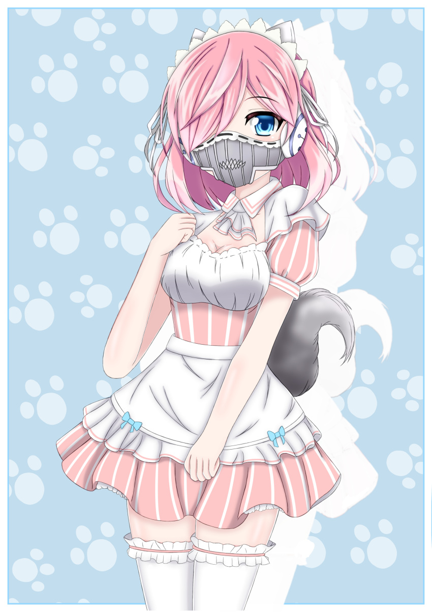 1girl absurdres animal_ears apron blue_background blue_eyes blue_ribbon breasts cleavage collar eyebrows_visible_through_hair frills garters hair_over_eyes hair_ribbon hand_on_own_chest headphones highres kyou_no_cerberus looking_at_viewer maid maid_headdress medium_breasts medium_hair muzzle nepsuka_(hachisuka) paw_print pink_hair pink_skirt pleated_skirt puffy_sleeves ribbon roze_(kyou_no_cerberus) short_sleeves skirt tail thigh-highs white_ribbon wolf_tail