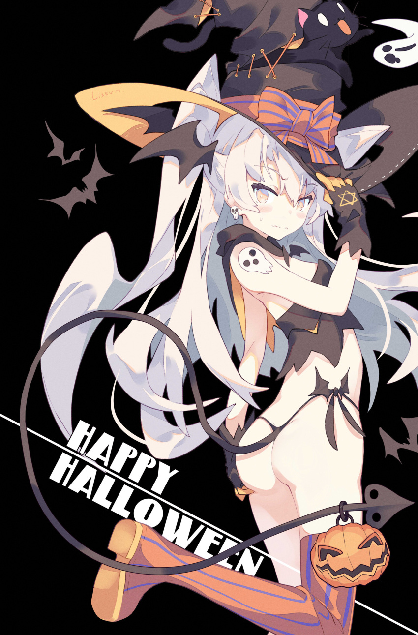 1girl absurdres amatsukaze_(kantai_collection) arm_up ass black_background black_cat black_gloves black_panties boots bow breasts bustier capelet cat closed_mouth earrings fake_tail from_side gloves grey_hair halloween hand_on_headwear hand_on_own_ass hat hat_bow hexagram highleg highleg_panties highres jack-o'-lantern jewelry kantai_collection leg_up litsvn long_hair looking_at_viewer orange_eyes orange_legwear panties shinigami_sama side-tie_panties simple_background single_thighhigh skull_earrings small_breasts solo soul_eater standing standing_on_one_leg star_of_david striped striped_legwear sweatdrop thigh-highs thigh_boots thong two_side_up underwear vertical-striped_legwear vertical_stripes very_long_hair wavy_mouth witch_hat