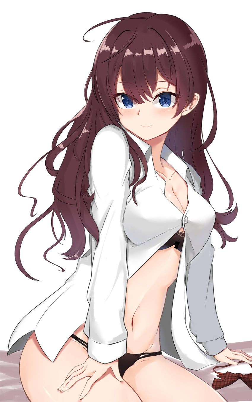 1girl absurdres black_bra black_panties blue_eyes blush bow bowtie_removed bra breasts brown_bow brown_hair brown_neckwear cleavage collarbone floating_hair groin hair_between_eyes highres ichinose_shiki idolmaster idolmaster_cinderella_girls instant_(ioarthus) long_hair medium_breasts multiple_girls navel open_clothes open_shirt panties shiny shiny_skin shirt simple_background smile solo stomach underwear white_background white_shirt