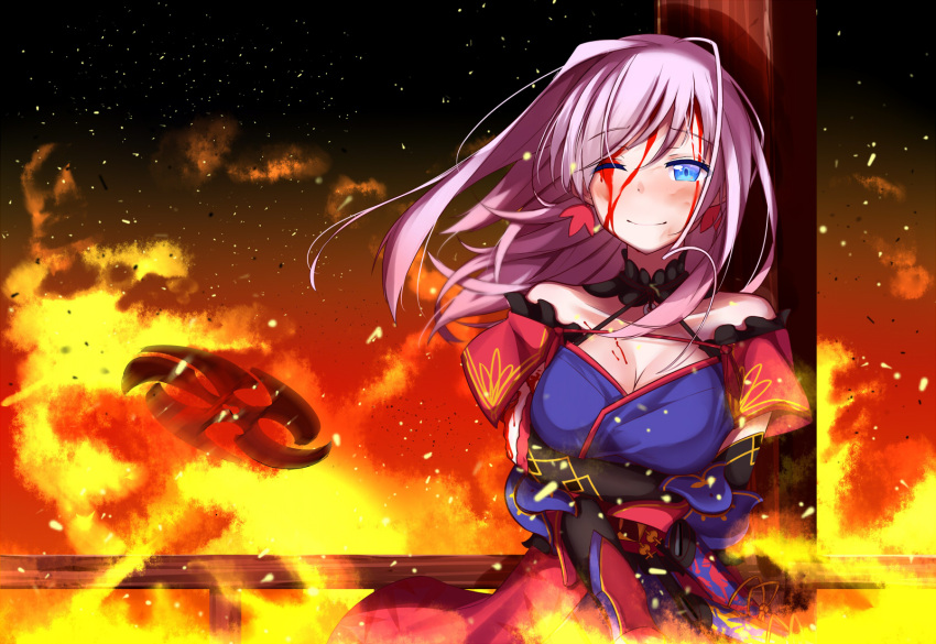 1girl bare_shoulders blood blue_eyes blush breasts cleavage detached_sleeves earrings fate/grand_order fate_(series) fire hair_down hair_ornament_removed highres injury jewelry long_hair looking_at_viewer medium_breasts miyamoto_musashi_(fate/grand_order) one_eye_closed pink_hair rshow sheath smile solo