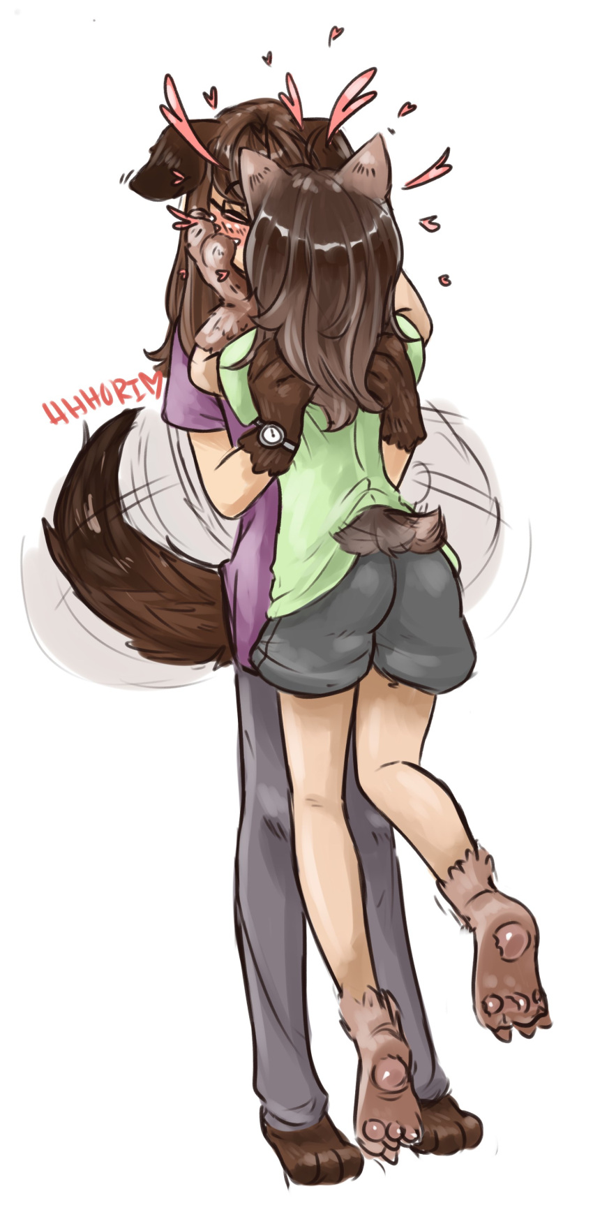 2girls absurdres animal_ears barefoot blush brown_hair commentary covered_face dog_ears dog_tail glasses green_shirt heart hhhori highres kiss kobold_(monster_girl_encyclopedia) long_hair monster_girl monster_girl_encyclopedia multiple_girls pants paws purple_shirt shirt short_hair shorts signature simple_background standing tail watch watch white_background yuri