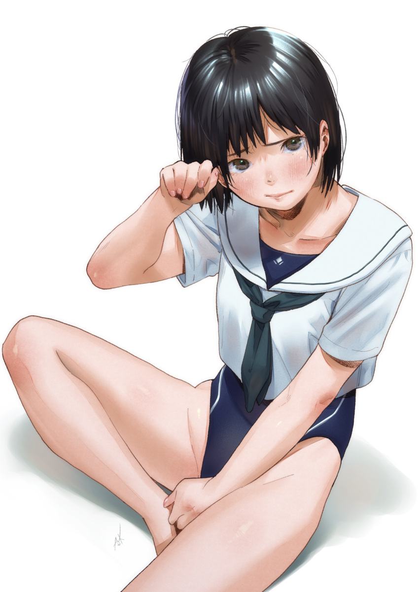 1girl arm_up bare_legs barefoot between_legs black_hair breasts brown_eyes closed_mouth competition_swimsuit hand_between_legs highres kamiyama_aya looking_at_viewer one-piece_swimsuit original sailor_collar sailor_shirt shirt short_hair simple_background sitting small_breasts solo swimsuit swimsuit_under_clothes white_background