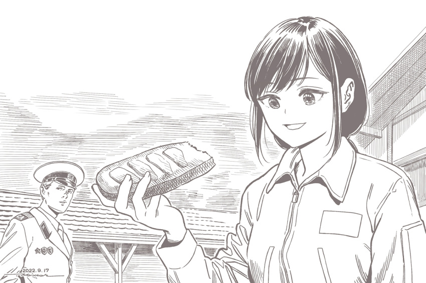 1boy 1girl copyright_request dated food food_request hat holding holding_food horikou jacket long_sleeves low_ponytail monochrome original parted_lips signature smile soviet_army