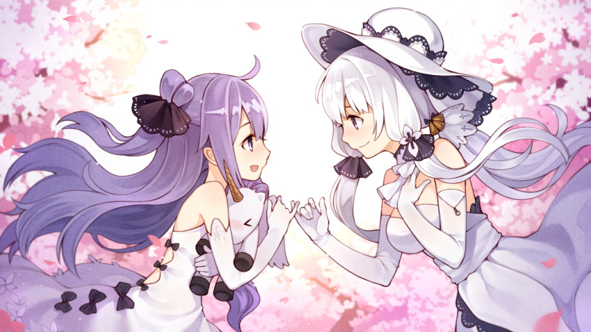 &gt;_&lt; 2girls :d age_difference azur_lane bare_shoulders blush bow commentary_request dress elbow_gloves eye_contact gloves hand_on_own_chest hat illustrious_(azur_lane) long_hair looking_at_another low_twintails multiple_girls open_mouth petals pinky_swear purple_hair revision smile strapless strapless_dress stuffed_animal stuffed_toy stuffed_unicorn tsubasa_tsubasa twintails unicorn_(azur_lane) violet_eyes white_dress white_gloves white_hair