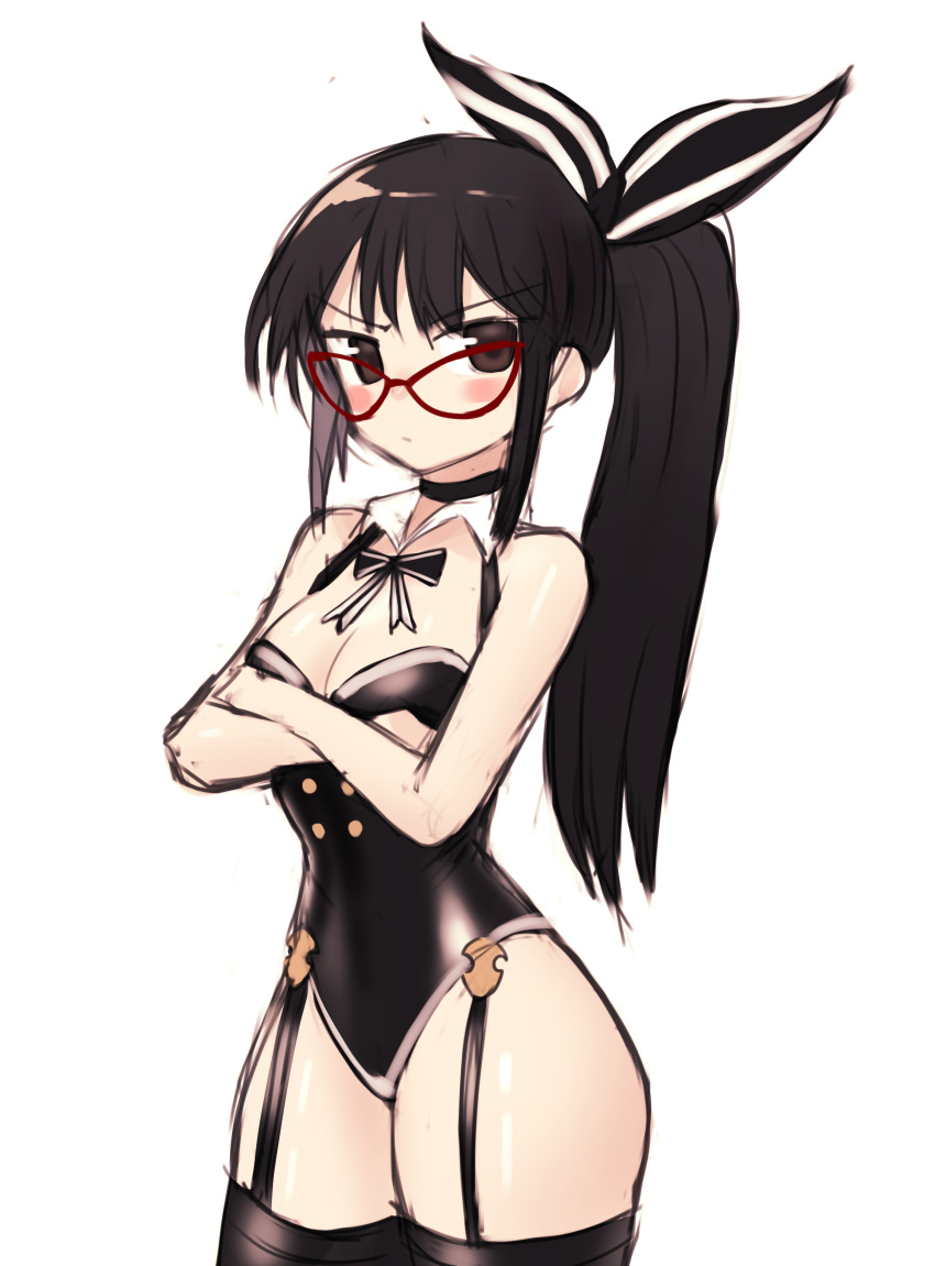 1girl absurdres bangs bare_arms bare_shoulders black_eyes black_hair black_legwear black_leotard black_neckwear blush bow breasts choker cleavage closed_mouth cowboy_shot crossed_arms detached_collar eyebrows_visible_through_hair frown glasses hair_bow highres leotard looking_at_viewer medium_breasts ponytail red-framed_eyewear simple_background solo sookmo suspenders thigh-highs white_background wing_collar
