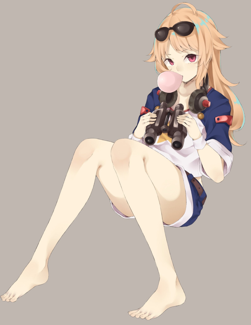 1girl azur_lane barefoot belt binoculars blonde_hair bubble_blowing character_request chewing_gum e_draw_paint full_body grey_background headphones headphones_around_neck highres invisible_chair legs long_hair looking_at_viewer short_shorts shorts simple_background sitting solo violet_eyes