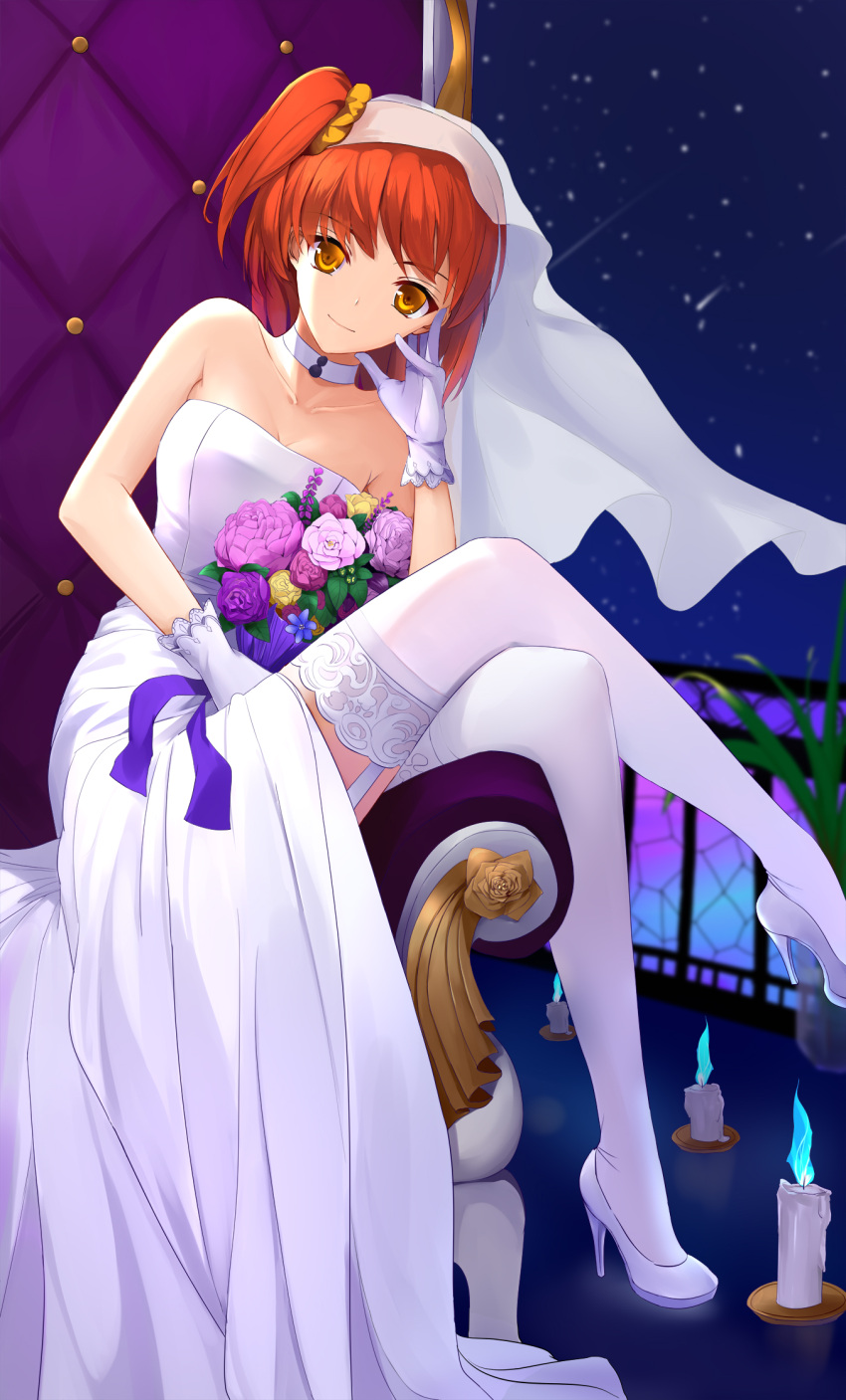 1girl bare_shoulders blue_fire bouquet breasts bridal_veil candle chair choker cleavage dress fate/grand_order fate_(series) fire flower fujimaru_ritsuka_(female) garter_straps gloves hand_on_own_cheek head_rest head_tilt high_heels highres kyoukai33 looking_at_viewer medium_breasts orange_eyes orange_hair shoes short_hair side_ponytail sitting smile solo stiletto_heels strapless strapless_dress thigh-highs veil wedding_dress white_dress white_footwear white_gloves white_legwear white_neckwear