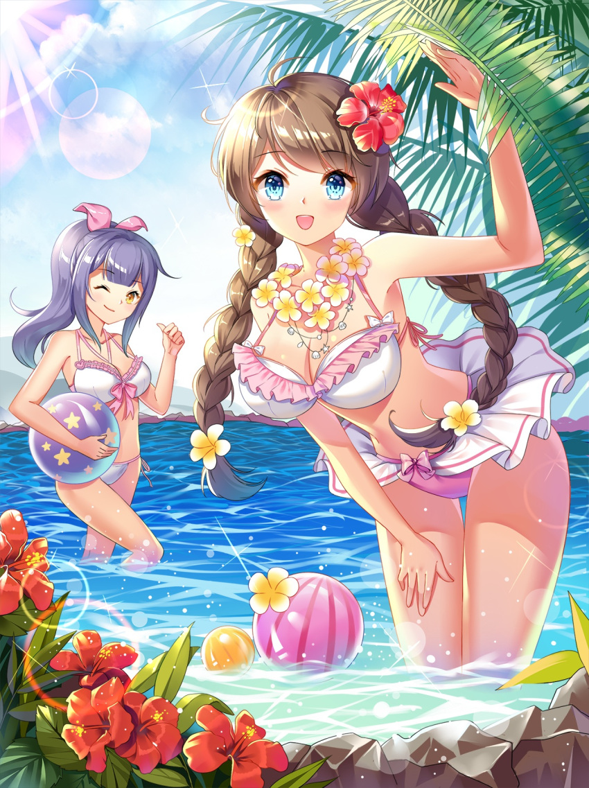 2girls ball beachball bikini blue_eyes blue_hair braid brown_hair flower hair_flower hair_ornament hibiscus highres image_sample looking_at_viewer multiple_girls ocean one_eye_closed original palm_tree plumeria red_flower ribbon smile sunlight swimsuit tree twin_braids water white_flower xingxiang_senlin yandere_sample yellow_eyes