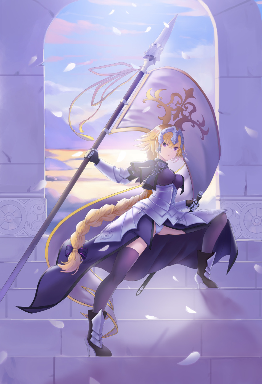 1girl absurdres armor armored_boots armored_dress blonde_hair boots breasts chains clouds day elbow_gloves fate/apocrypha fate/grand_order fate_(series) faulds flag flagpole frown gauntlets gloves hair_ribbon hand_on_sword headpiece high_heel_boots high_heels highres large_breasts long_hair looking_at_viewer petals purple_legwear ribbon ruler_(fate/apocrypha) solo stairs sword thigh-highs very_long_hair violet_eyes weapon ysh_(yysshh)