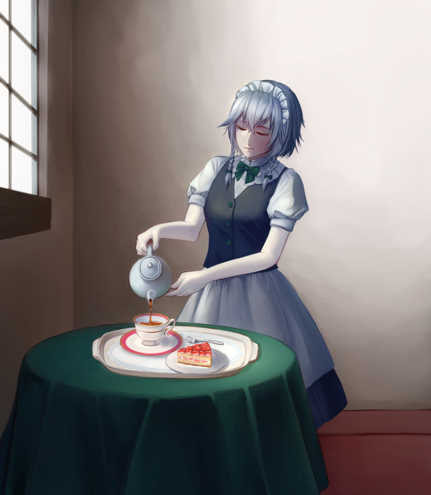 1girl bow bowtie braid closed_eyes cup facing_viewer fine_art_parody food fork fruit highres inose_(murphy) inside izayoi_sakuya maid parody pie pouring saucer silver_hair solo standing strawberry table tablecloth tea teacup teapot the_milkmaid touhou tray window