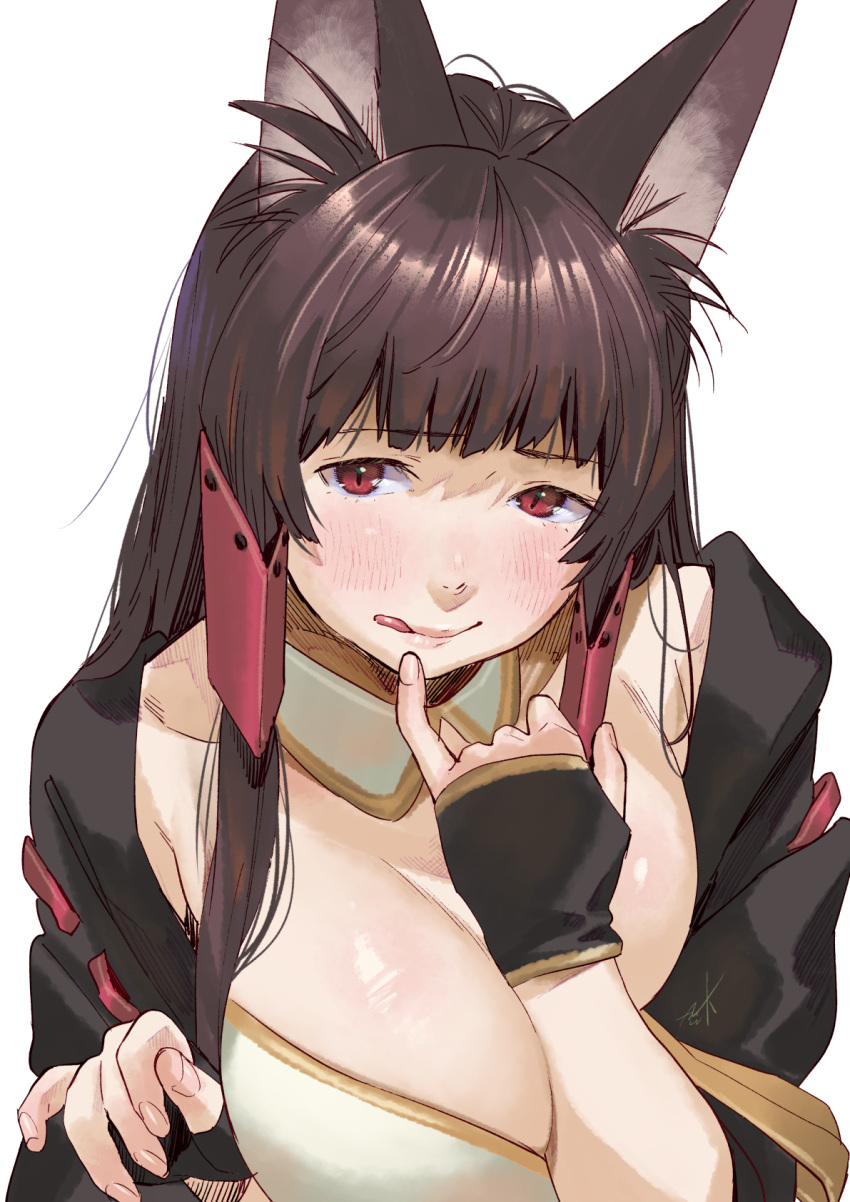 1girl akagi_(azur_lane) animal_ears azur_lane breasts brown_hair commentary_request fingerless_gloves gloves highres kamiyama_aya large_breasts licking_lips long_hair looking_at_viewer red_eyes sidelocks solo tongue tongue_out