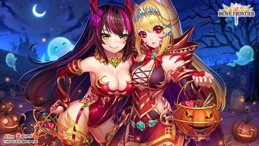 &gt;:) 2girls animal_ears aqua_eyes arm_around_waist armpits bangs bare_shoulders bare_tree bat bird black_hair blonde_hair blush bow bowtie brave_frontier breasts cape castle character_request cleavage cleavage_cutout closed_mouth copyright_name cowboy_shot detached_sleeves dress eyebrows_visible_through_hair facial_mark fang_out floating flower garter_straps ghost gluteal_fold graveyard green_eyes groin hair_between_eyes hair_flower hair_ornament halloween_costume hand_on_hip heart highres holding_bag horns jack-o'-lantern jewelry jurrig leaning_forward legs_apart leotard long_hair long_sleeves looking_at_viewer medium_breasts midriff multicolored_hair multiple_girls nail_polish necklace night night_sky nose_blush outdoors owl peeking pink_hair pink_leotard pink_rose pumpkin red_bow red_cape red_dress red_eyes red_nails red_neckwear rose shoulder_tattoo silhouette skull sky sleeveless sleeveless_dress standing strapless strapless_leotard tareme tattoo tombstone tree tsurime two-tone_hair very_long_hair whisker_markings x_hair_ornament