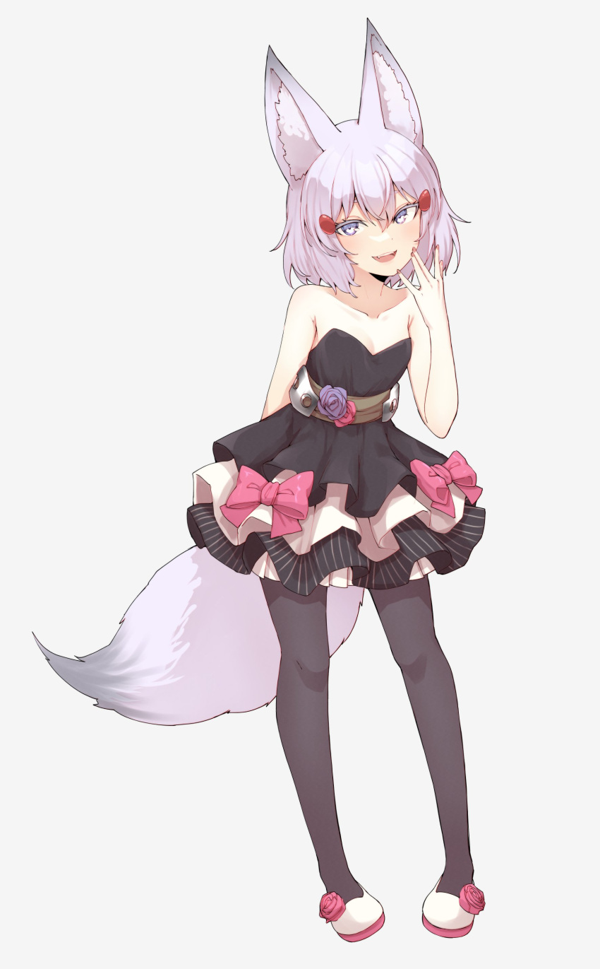 absurdres animal_ears bare_arms bare_shoulders black_dress black_pantyhose bow collarbone dress dress_bow fangs flower fox_ears fox_girl fox_tail frilled_dress frills full_body grey_background hand_to_own_mouth head_tilt highres light_purple_hair looking_at_viewer nail_polish open_mouth pantyhose phase_connect pink_bow pleated_skirt red_nails rose sash shoe_flower simple_background skirt sleeveless sleeveless_dress smile smug standing tail tenma_maemi valefal_coneri violet_eyes virtual_youtuber