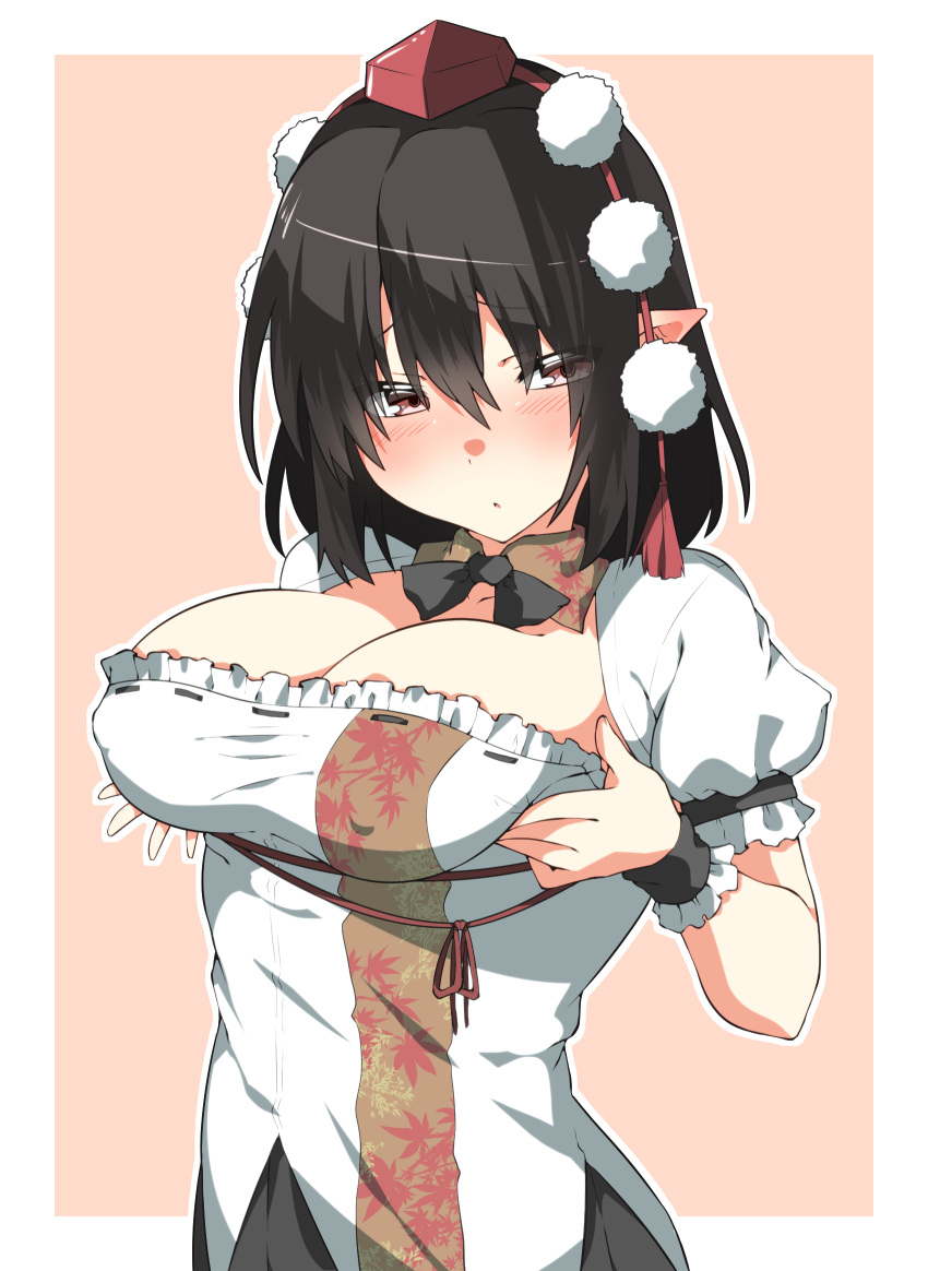 1girl bangs black_hair black_neckwear black_skirt blush breast_hold breasts cleavage detached_collar erect_nipples hair_between_eyes hat highres kz_oji large_breasts looking_at_viewer pointy_ears pom_pom_(clothes) puffy_short_sleeves puffy_sleeves red_eyes shameimaru_aya shirt short_sleeves skirt solo tokin_hat touhou upper_body white_shirt wrist_cuffs