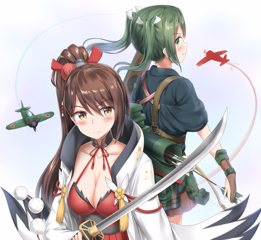 &gt;:) 2girls absurdres aircraft airplane arrow azur_lane blush breasts brown_eyes brown_gloves brown_hair choker collarbone crossover dress gloves green_eyes green_hair highres holding holding_sword holding_weapon japanese_clothes kantai_collection large_breasts long_hair multiple_girls namesake nedia_(nedia_region) partly_fingerless_gloves ponytail red_dress short_sleeves smile sword twintails weapon yugake yumi_(bow) zuikaku_(azur_lane) zuikaku_(kantai_collection)