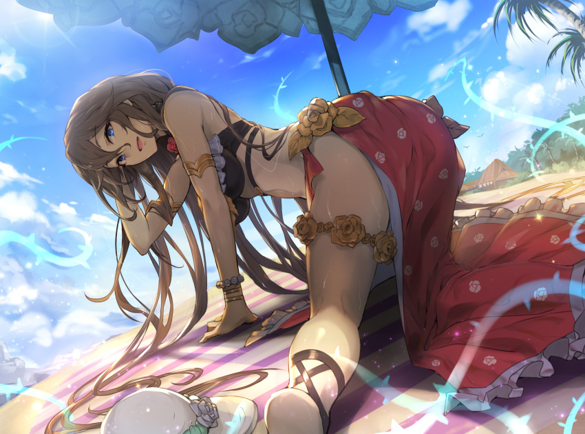 1girl adjusting_hair all_fours armlet bare_shoulders beach_umbrella bikini blue_eyes bracelet brown_hair clouds day granblue_fantasy hat hat_removed headwear_removed highres jewelry kakage long_hair palm_tree plant rosetta_(granblue_fantasy) sarong sky solo swimsuit thigh_strap tree umbrella vines