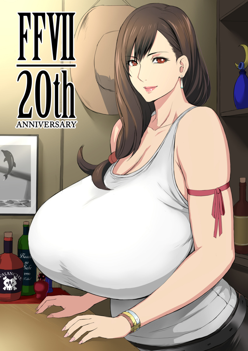 1girl bare_shoulders belly belt black_hair blush bracelet breasts brown_hair cleavage curvy earrings final_fantasy final_fantasy_vii highres huge_breasts jewelry kurohardt leaning_on_object long_hair looking_at_viewer low-tied_long_hair mature plump red_eyes shirt smile solo tank_top taut_clothes taut_shirt tifa_lockhart