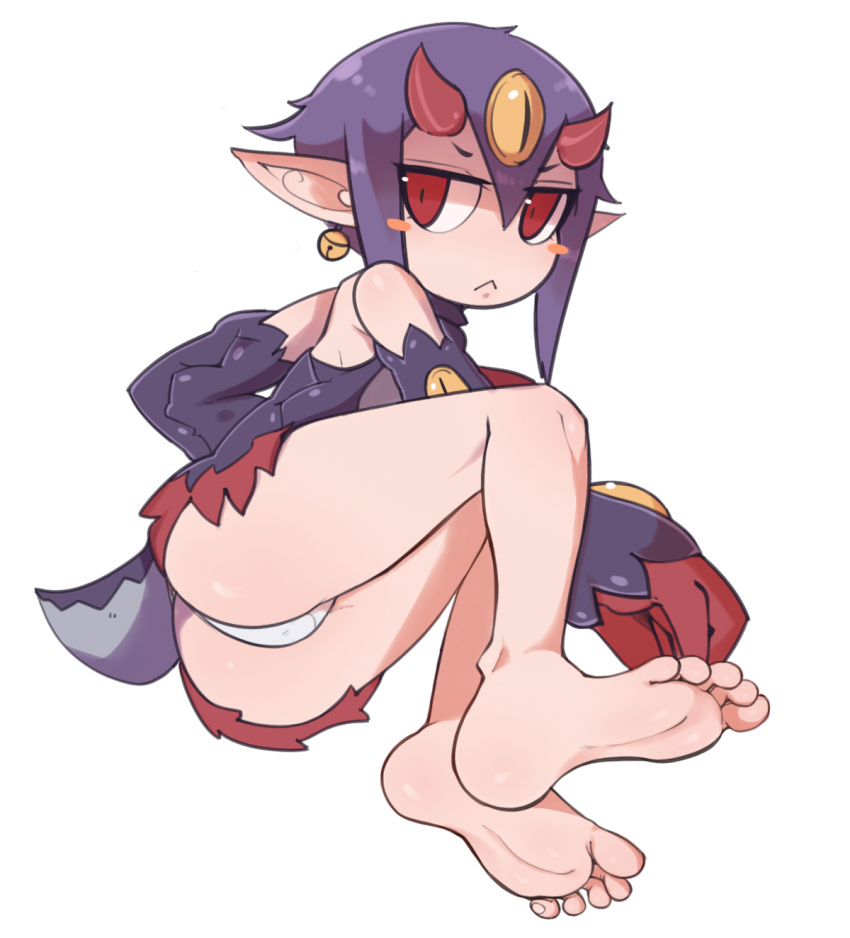 1girl :&lt; ass barefoot closed_mouth desco_(disgaea) disgaea earrings feet frown full_body gloves highres horns hua113 jewelry jitome looking_at_viewer lying makai_senki_disgaea_4 miniskirt monster_girl no_nose on_side panties pointy_ears purple_hair red_eyes short_hair sidelocks simple_background skirt soles solo tail toes underwear very_short_hair white_background white_panties