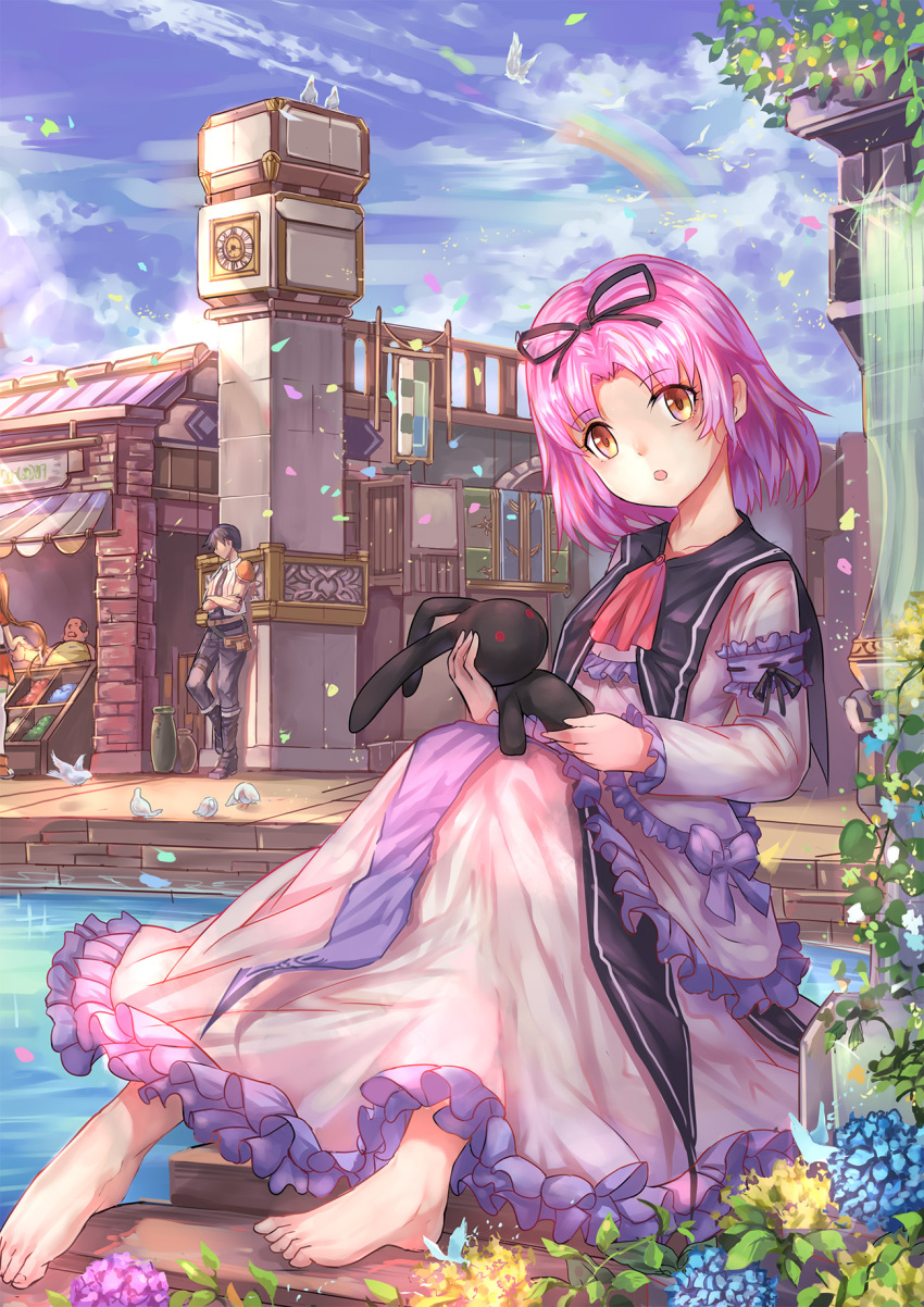 1boy 2girls :o barefoot bird black_bow bow building clock clouds cravat dress eiyuu_densetsu estelle_bright flower frilled_dress frills full_body hair_bow head_tilt highres holding holding_stuffed_animal joshua_astray looking_at_viewer multiple_girls petals plant purple_bow purple_hair rainbow red_neckwear renne short_hair sitting sky sora_no_kiseki stuffed_animal stuffed_bunny stuffed_toy urn vines white_dress yellow_eyes yougen_kitsune