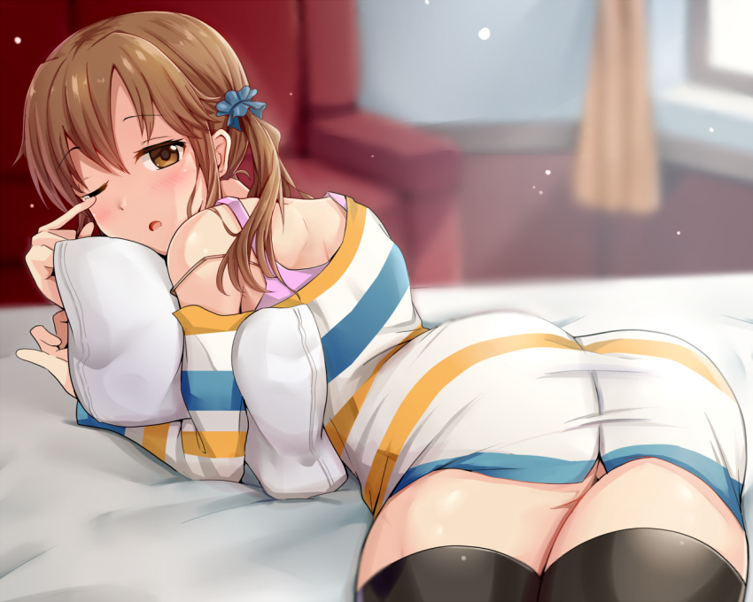 1girl ass bed bedroom blush brown_eyes brown_hair couch curtains hair_ornament idolmaster idolmaster_cinderella_girls karikura_(atatata71) looking_at_viewer looking_back one_eye_closed open_mouth pillow sleepy solo sunlight thigh-highs thighs totoki_airi twintails window