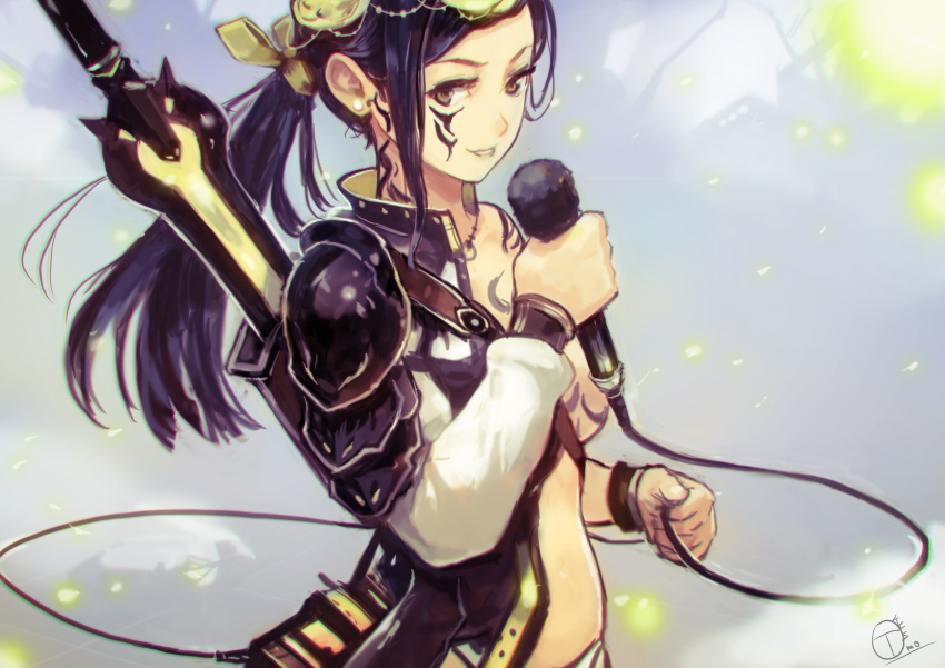 1girl absurdres asymmetrical_clothes bikini black_hair brown_eyes earrings facial_tattoo highres jewelry long_hair looking_at_viewer microphone neck_tattoo okuto original ponytail solo standing swimsuit sword tattoo warrior weapon