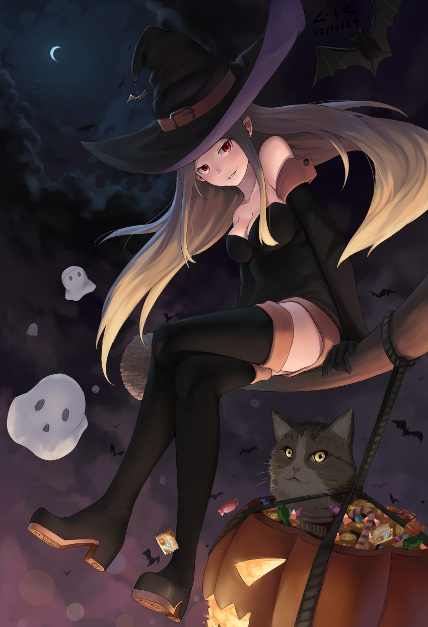 1girl absurdres bare_shoulders bat black_dress black_footwear black_gloves blonde_hair boots breasts broom broom_riding candy candy_basket candy_cane cat clouds collarbone crescent_moon dress elbow_gloves food ghost gloves hat highres jack-o'-lantern legs_crossed lkqyan lollipop long_hair medium_breasts moon original parted_lips pointy_ears red_eyes rope sky smile thigh-highs thigh_boots witch witch_hat wrapped_candy yellow_sclera