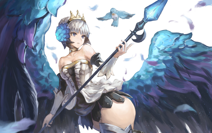 1girl absurdres bare_shoulders bird blue_eyes choker cowboy_shot expressionless feathered_wings feathers gwendolyn highres holding holding_spear holding_weapon multicolored multicolored_wings na_(oagenosuke) odin_sphere polearm short_hair simple_background skirt solo spear thick_thighs thigh-highs thighs tiara weapon white_background white_hair wings yellow_neckwear