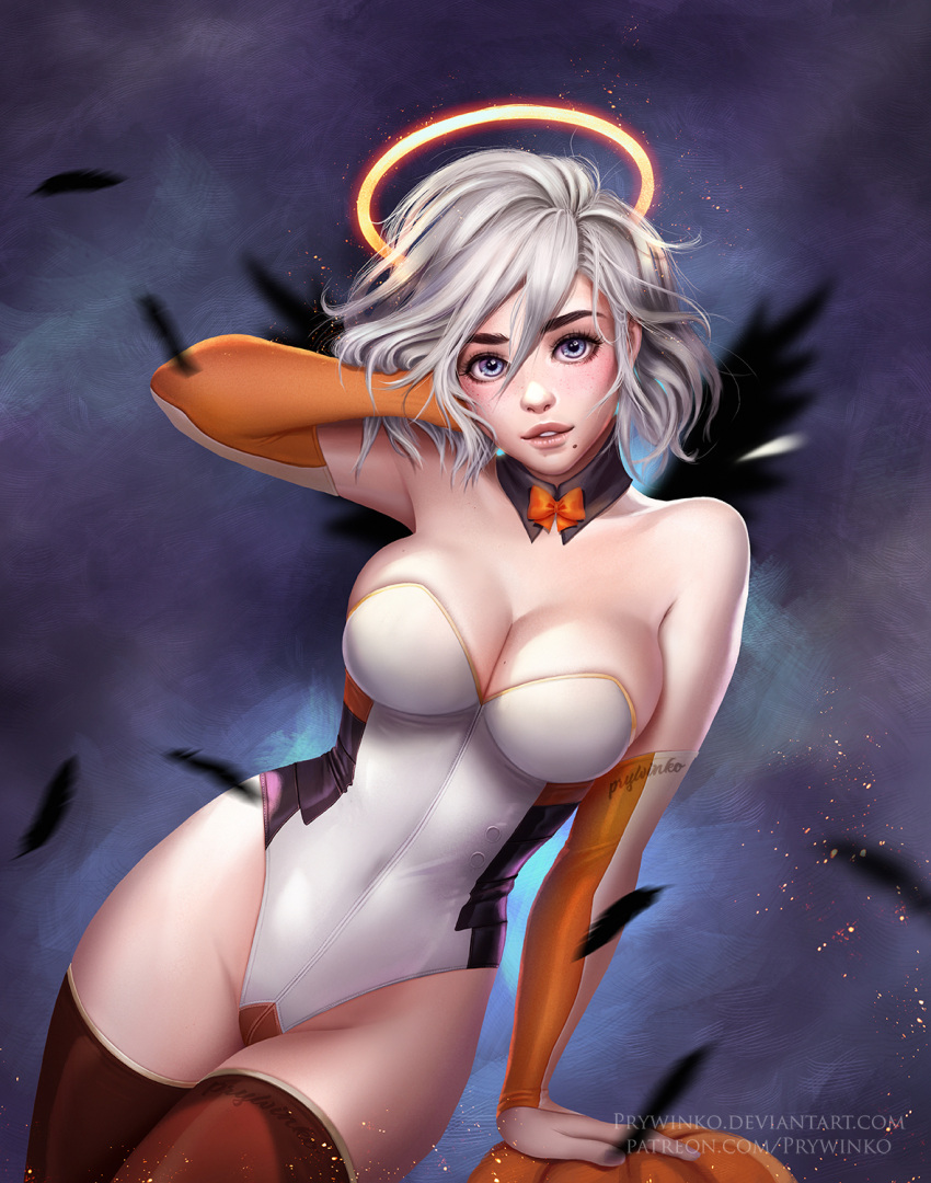 1girl adapted_costume arm_support arm_up armpits artist_name bare_shoulders black_wings blue_eyes blurry blush bow bowtie breasts bridal_gauntlets cleavage collarbone cosplay cowboy_shot depth_of_field detached_collar freckles gloves glowing groin hair_between_eyes halo hand_in_hair highres large_breasts leaning_to_the_side leotard lips looking_at_viewer mercy_(overwatch) mercy_(overwatch)_(cosplay) mole mole_on_breast mole_under_mouth nier_(series) nier_automata olga_narhova orange_bow orange_gloves orange_neckwear overwatch parted_lips red_legwear short_hair silver_hair solo standing strapless strapless_leotard thick_eyebrows white_leotard wings yorha_no._2_type_b