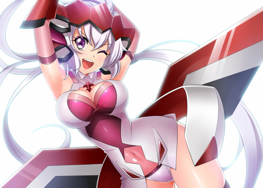 1girl ahoge arms_up blush breasts cleavage commentary_request covered_navel elbow_gloves eyebrows_visible_through_hair gloves hair_between_eyes headgear large_breasts lavender_hair leotard long_hair looking_at_viewer nyanmaru one_eye_closed open_mouth red_gloves senki_zesshou_symphogear shiny shiny_clothes shiny_hair shiny_skin simple_background smile solo teeth thigh-highs twintails very_long_hair violet_eyes white_background yukine_chris